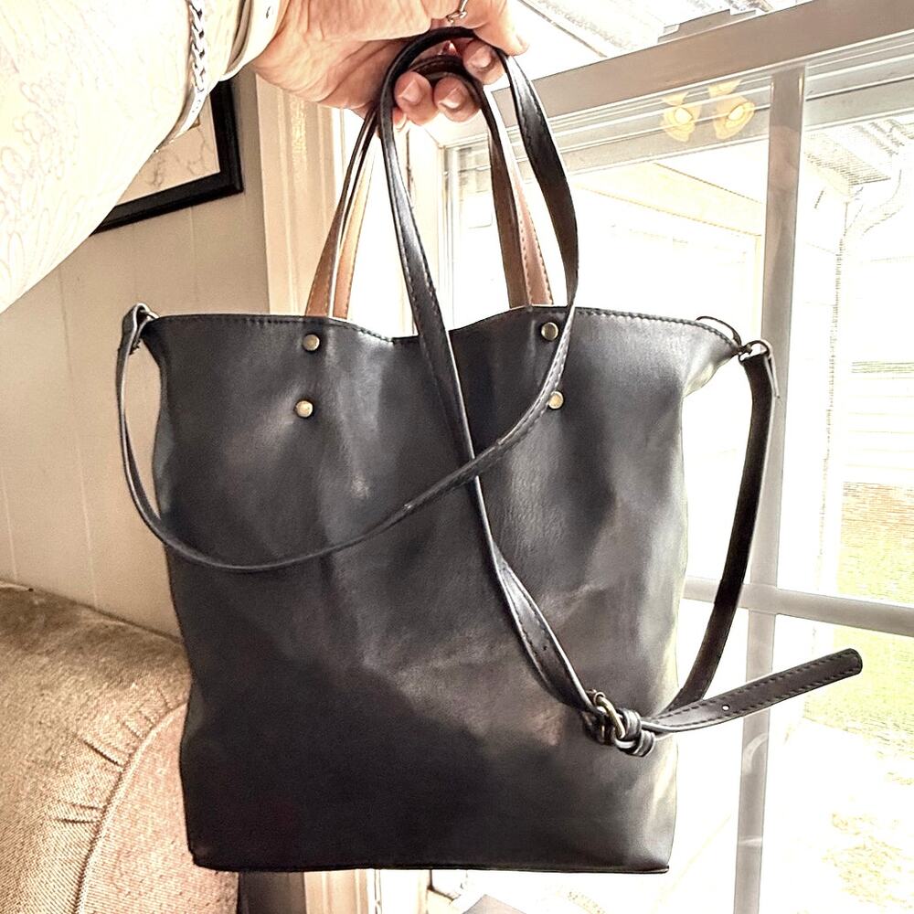 Black Faux Leather Tote Crossbody Bag Two Tone Tan Handles Minimalist Purse